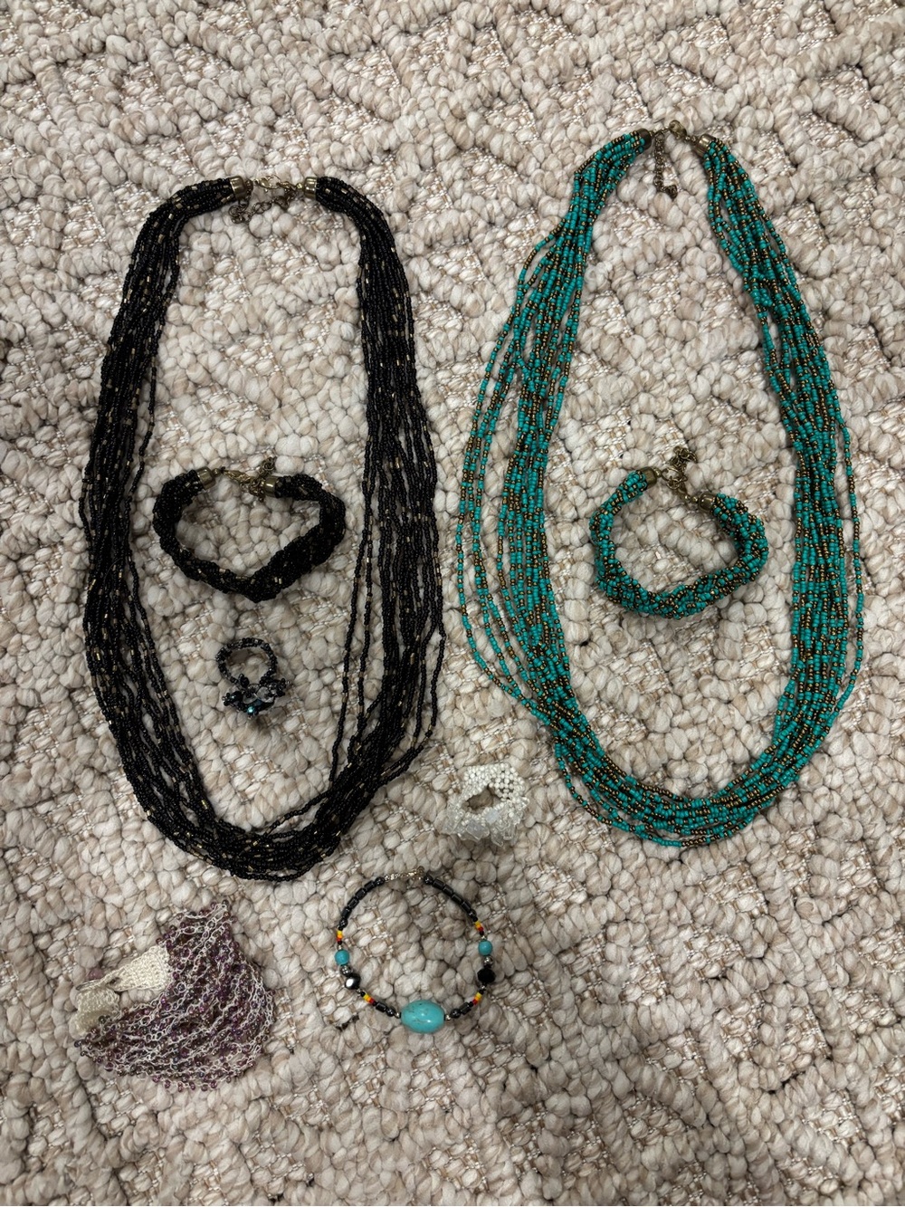 Multi-Strand Black and Teal Beaded Necklace Sets with Matching Bracelet Lot - Picture 1 of 4